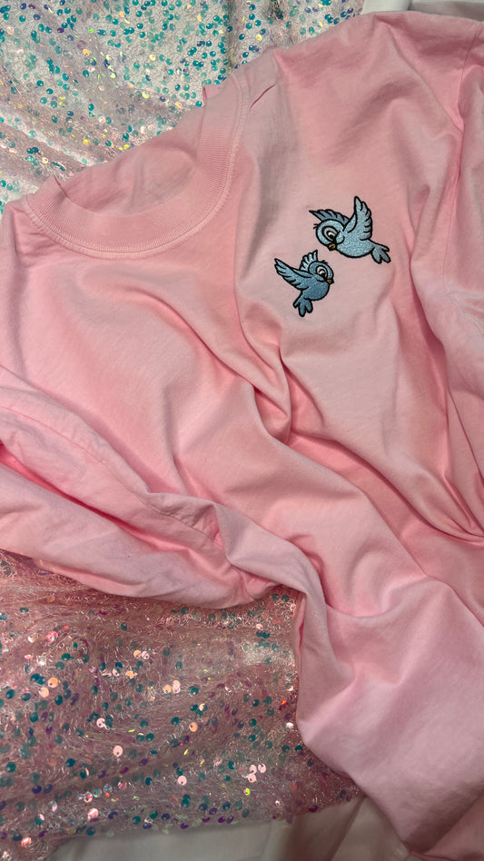 Pink princess birds ( DESIGN IS ON SIDE NOT CENTER!!  ) short sleeve regular embroidered tshirt. !!! EST tat BEGINNING OF AUGUST ! ! NOT CROPPED !!!