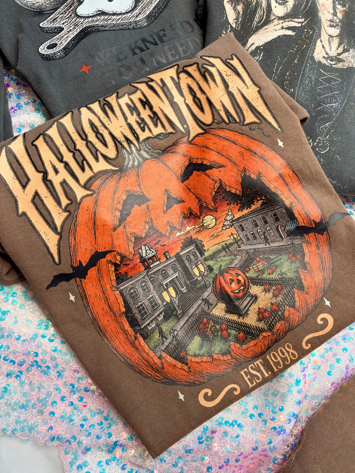 Brown friendly spooky town  adult unisex tshirt. EST tat 12-15 business days.