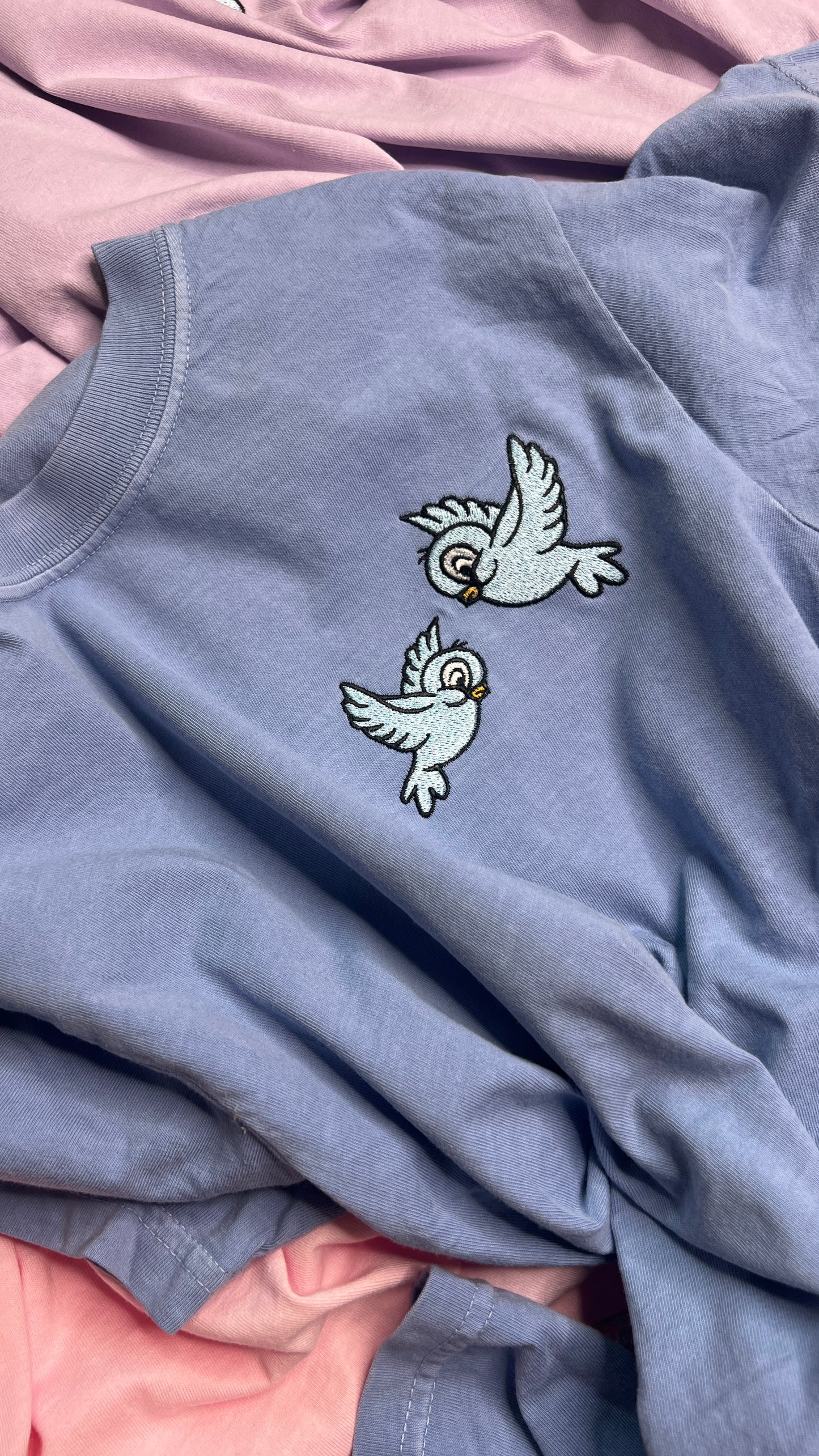 Light blue princess birds ( DESIGN IS ON SIDE NOT CENTER!!  ) short sleeve regular embroidered tshirt. !!! EST tat BEGINNING OF AUGUST ! ! NOT CROPPED !!!